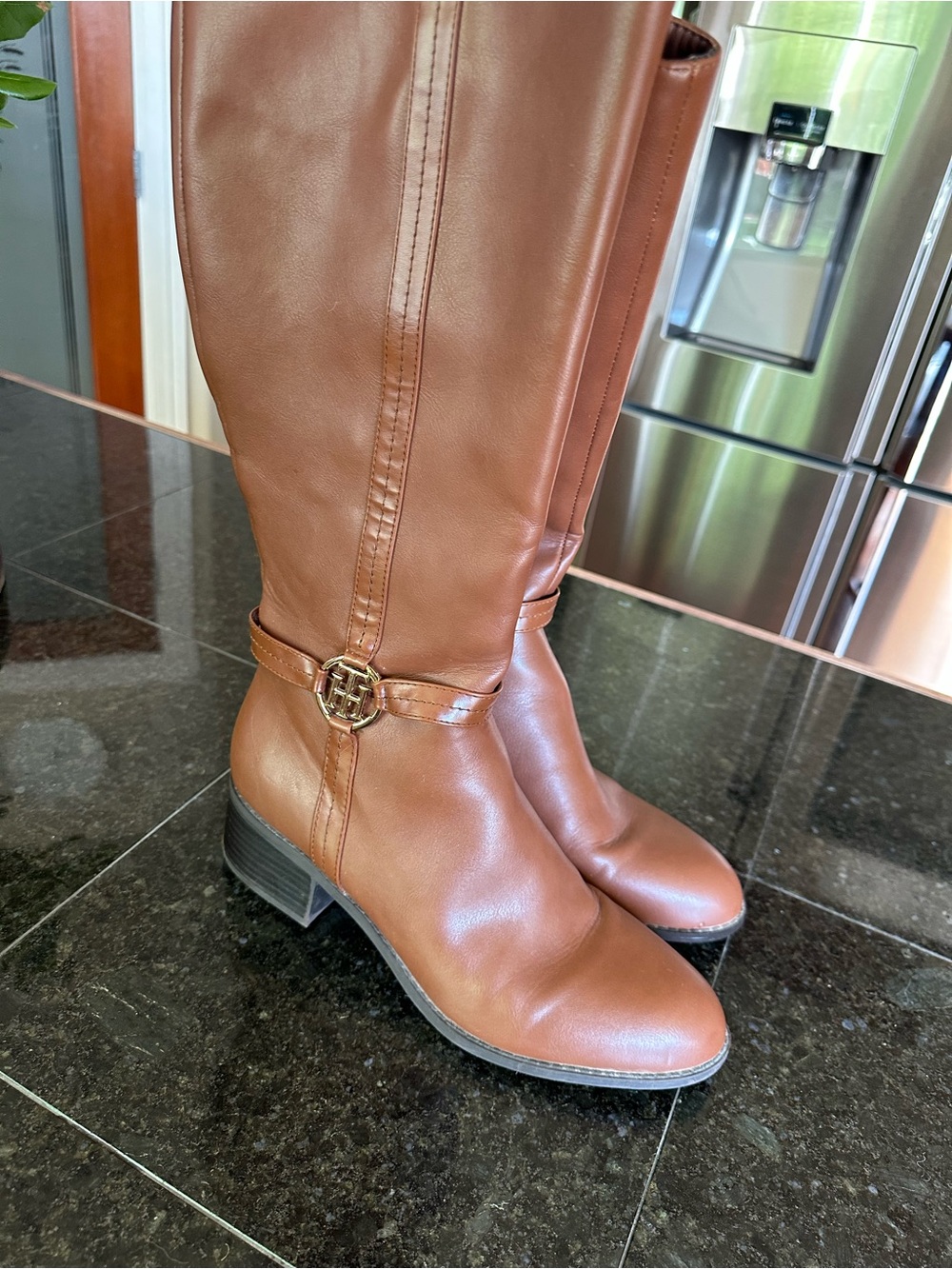 Tommy Hilfiger Tan/Brown Leather Mid-Calf Riding Boots - Picture 3 of 7